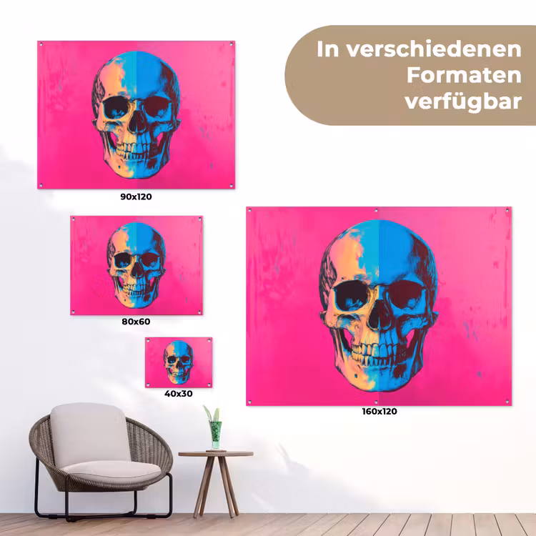 Neon - Blauw - Pop-art - Schedel tuinposter los doek klein -Xsfeer9_DE