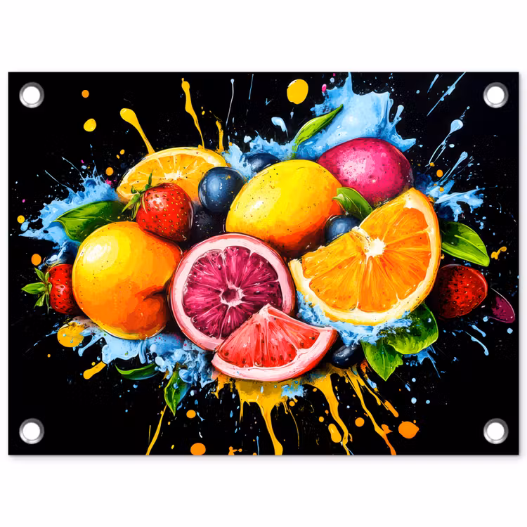 Fruit - Graffiti - Kleurrijk - Sinaasappel - Aardbei - Abstract tuinposter los doek klein -3d