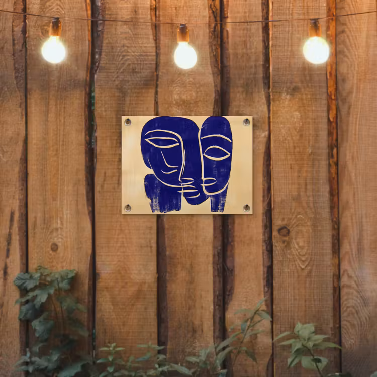 Okergeel - Blauw - Eenvoudige lijnen tuinposter los doek klein -sfeer1