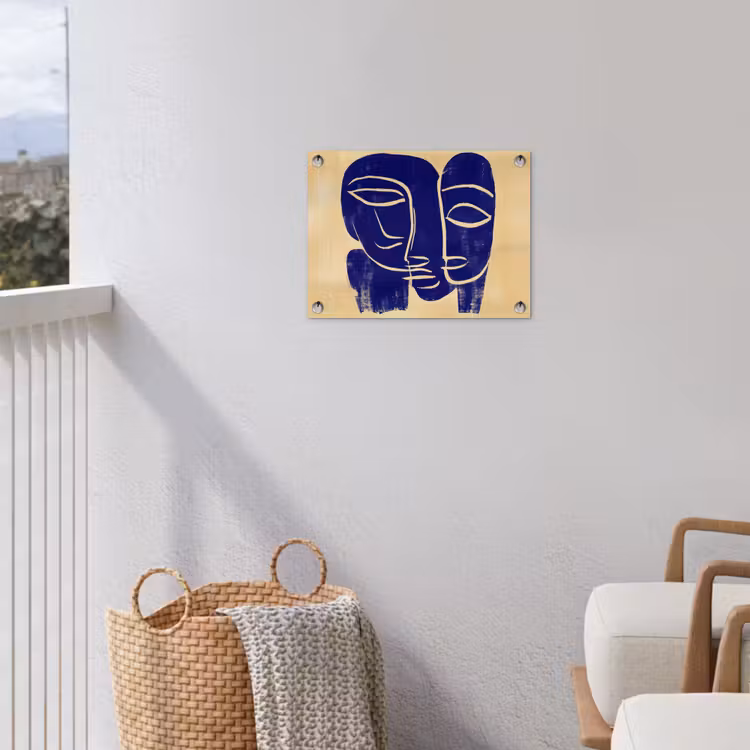 Okergeel - Blauw - Eenvoudige lijnen tuinposter los doek klein -sfeer8