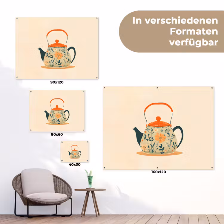 Oranje - Theepot - Bloemen - Bladeren tuinposter los doek klein -Xsfeer9_DE