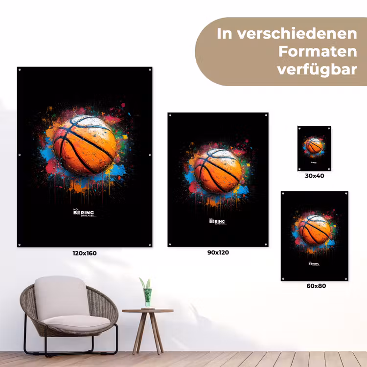 Oranje basketbal te midden van verfspetters tuinposter los doek klein -Xsfeer9_DE