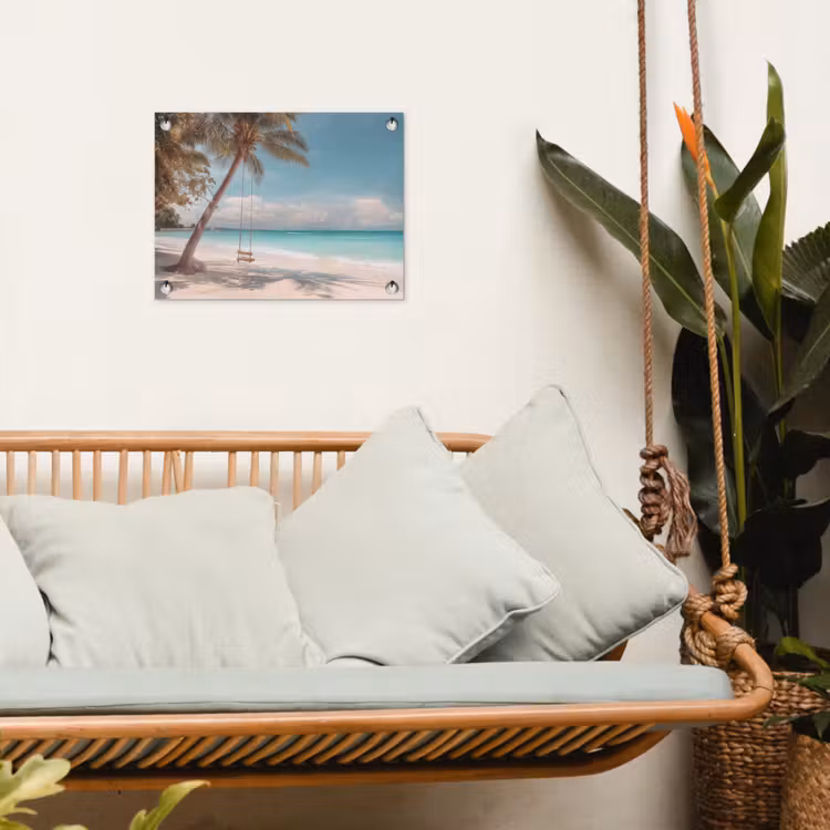 Palmboom - Schommel - Strand - Lucht tuinposter los doek klein -sfeer7