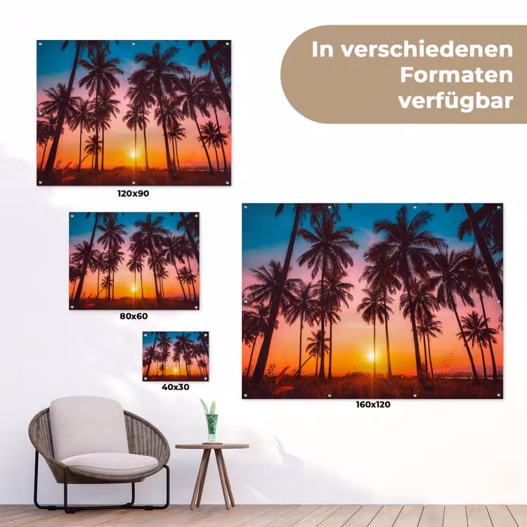 Palmboom - Zonsondergang - Horizon - Strand - Oranje - Roze tuinposter los doek klein -Xsfeer9_DE