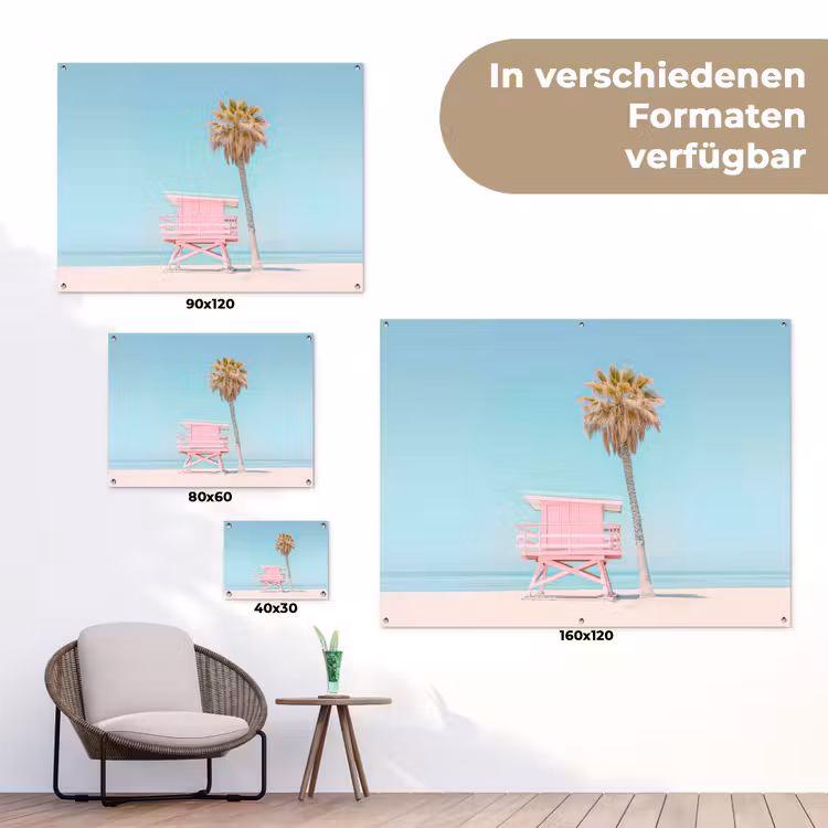 Palmboom - Strandhuis - Roze tuinposter los doek klein -Xsfeer9_DE