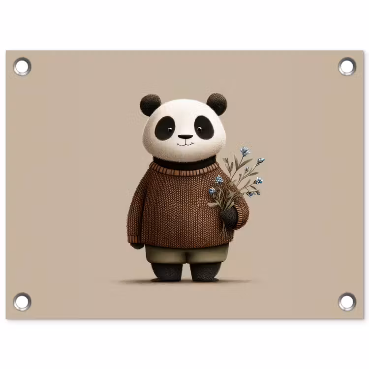 Panda - Blauwe bloemen - Zachtheid tuinposter los doek klein -3d