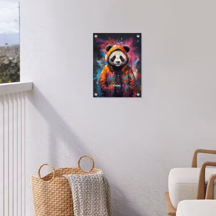 Panda met oranje jas en verfspetters tuinposter los doek klein -sfeer8