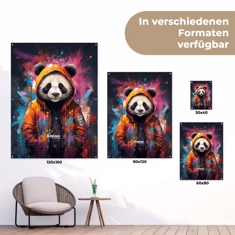 Panda met oranje jas en verfspetters tuinposter los doek klein -Xsfeer9_DE