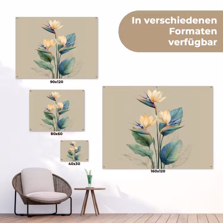 Paradijsvogelbloemen - Blauwgroene bladeren - Beige tuinposter los doek klein -Xsfeer9_DE