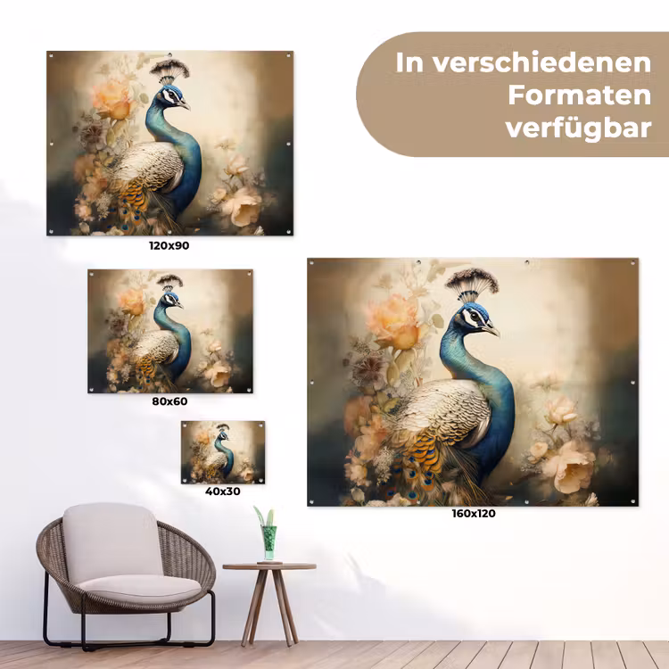 Pauw - Pauwenveren - Bloemen - Vogels - Botanisch tuinposter los doek klein -Xsfeer9_DE