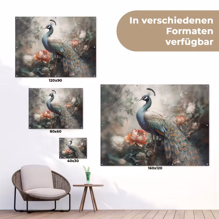 Pauw - Pauwenveren - Vogel - Jungle - Bloemen tuinposter los doek klein -Xsfeer9_DE