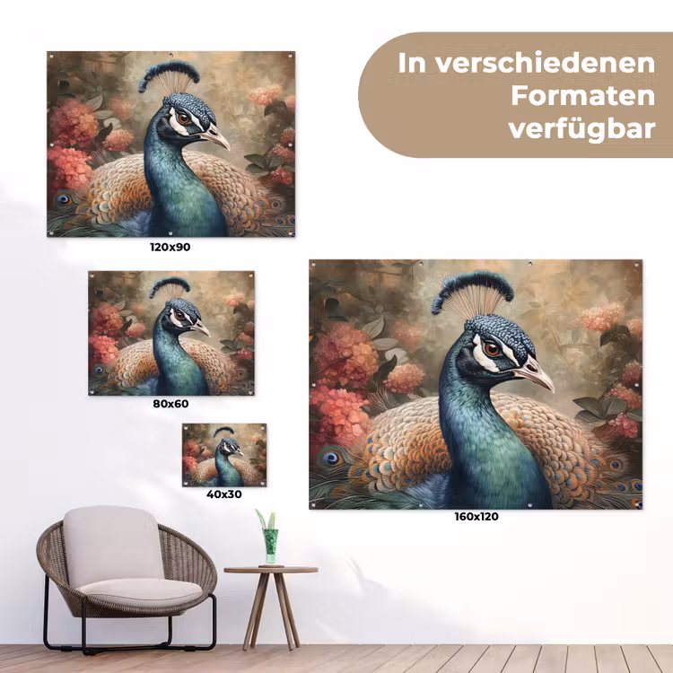 Pauw - Vogel - Bloemen - Planten - Pauwenveren tuinposter los doek klein -Xsfeer9_DE
