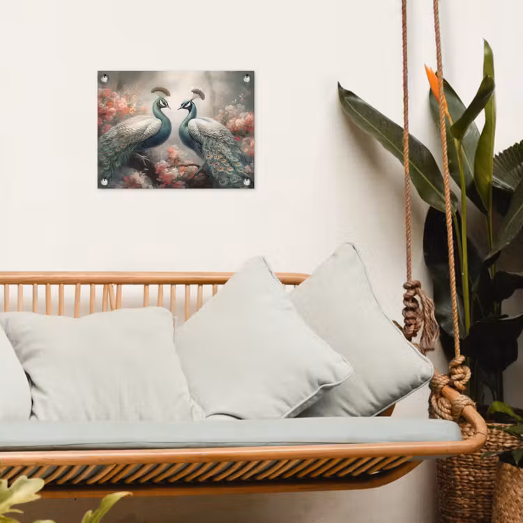 Pauwen - Pauwenveren - Vogels - Bloemen - Natuur tuinposter los doek klein -sfeer7