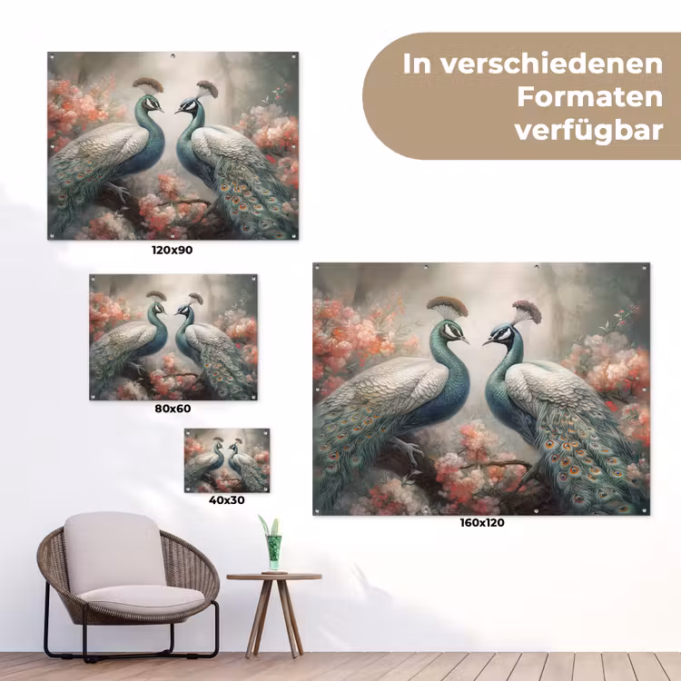 Pauwen - Pauwenveren - Vogels - Bloemen - Natuur tuinposter los doek klein -Xsfeer9_DE