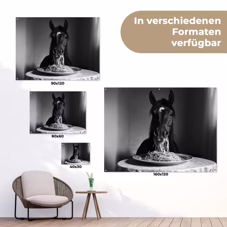Paard - Bord - Pasta - Tafelkleed - Zwart Wit - Dieren tuinposter los doek klein -Xsfeer9_DE