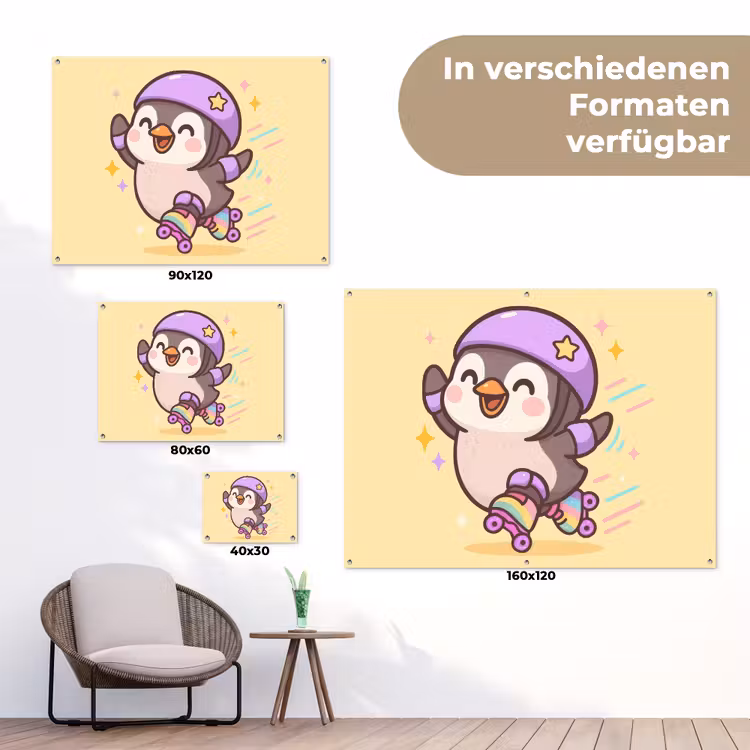 Pinguïn - Rolschaatsen - Geel - Energiek tuinposter los doek klein -Xsfeer9_DE