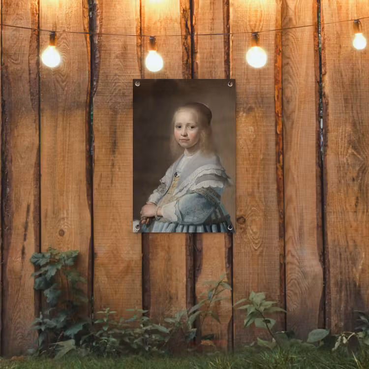 Portret van een meisje in het blauw - Schilderij van Johannes Cornelisz. Verspronck tuinposter los doek klein -sfeer1
