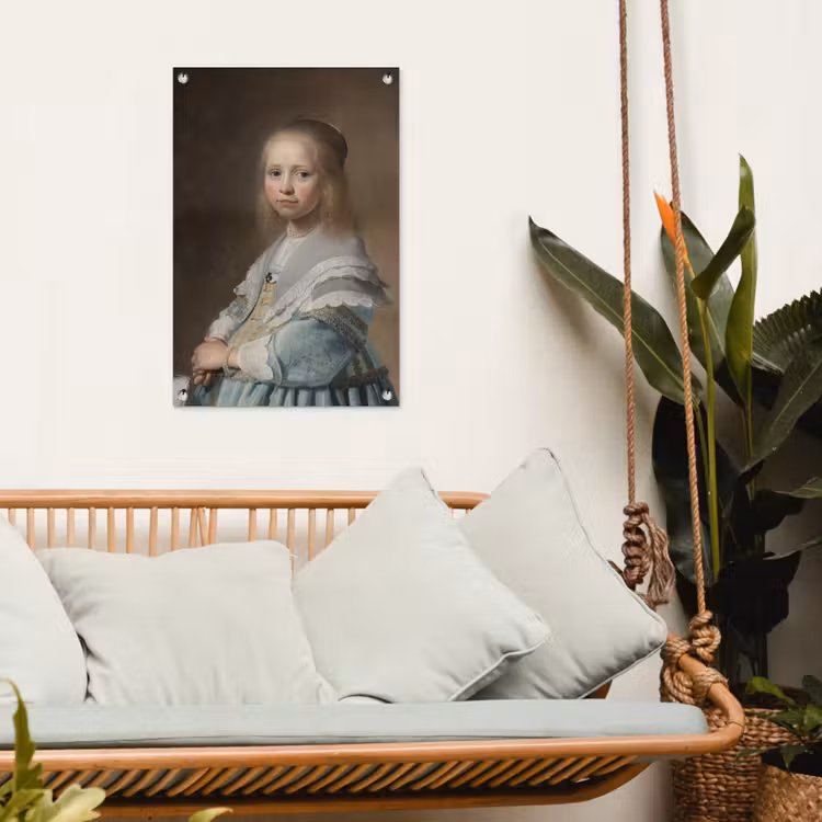 Portret van een meisje in het blauw - Schilderij van Johannes Cornelisz. Verspronck tuinposter los doek klein -sfeer7