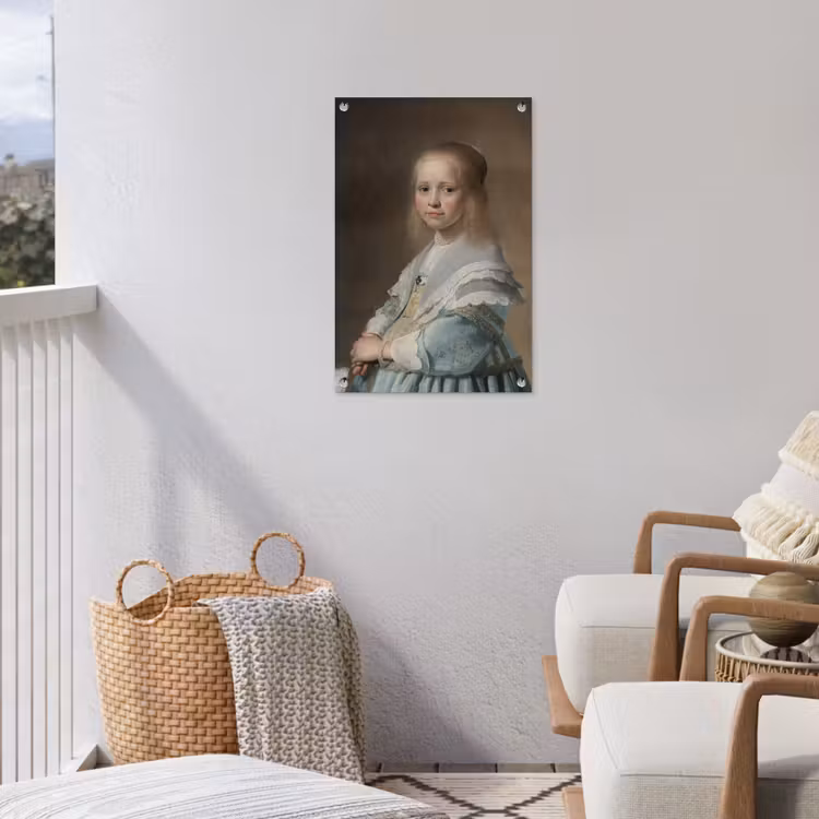 Portret van een meisje in het blauw - Schilderij van Johannes Cornelisz. Verspronck tuinposter los doek klein -sfeer8