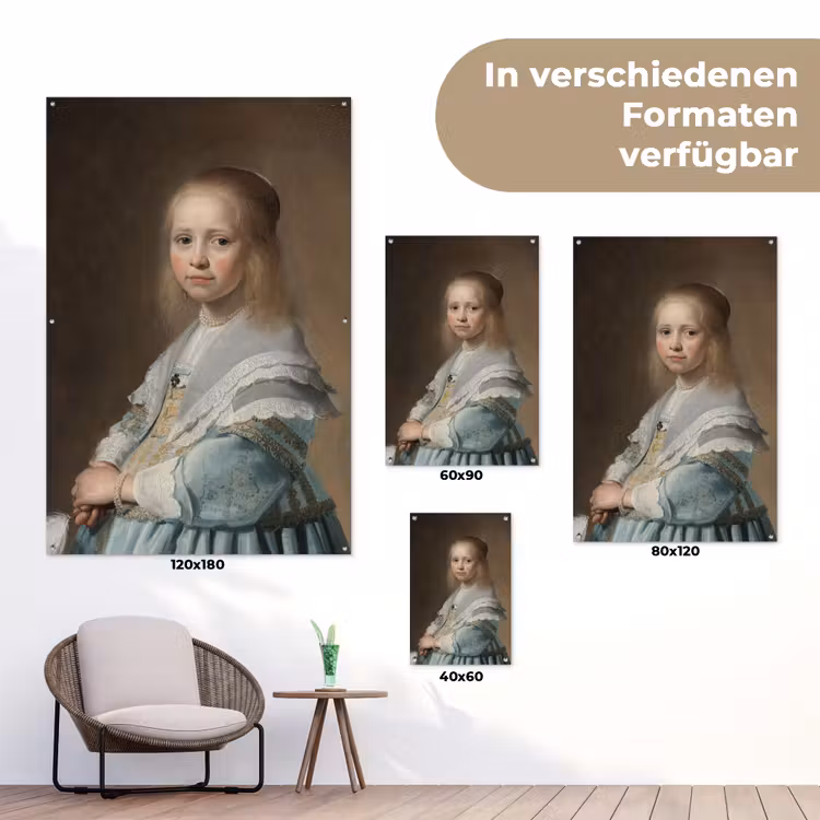 Portret van een meisje in het blauw - Schilderij van Johannes Cornelisz. Verspronck tuinposter los doek klein -Xsfeer9_DE