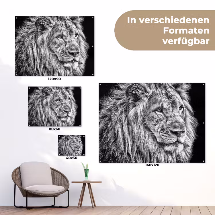 Portret - Leeuw - Zwart wit tuinposter los doek klein -Xsfeer9_DE