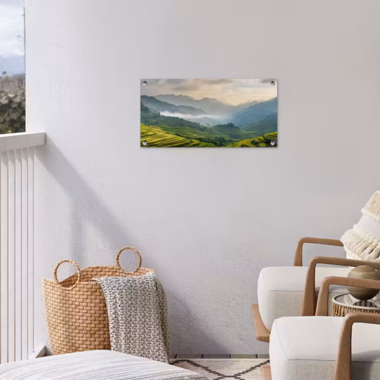 Rijstvelden - Bergen - Groen - Natuur tuinposter los doek klein -sfeer8