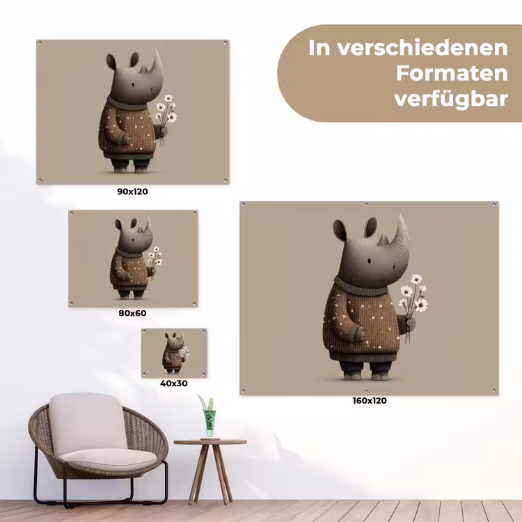 Neushoorn - Witte bloemen - Lief tuinposter los doek klein -Xsfeer9_DE