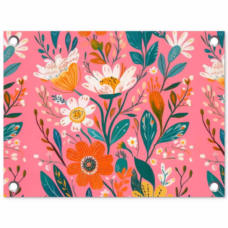 Roze - Bloemen - Wit - Oranje tuinposter los doek klein -3d