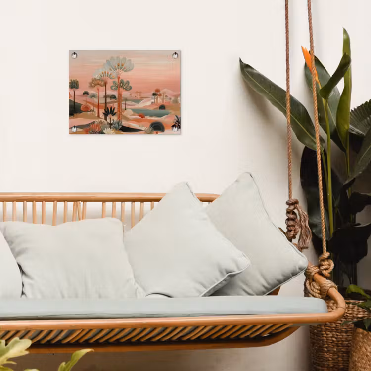 Roze landschap - Palmen - Water tuinposter los doek klein -sfeer7