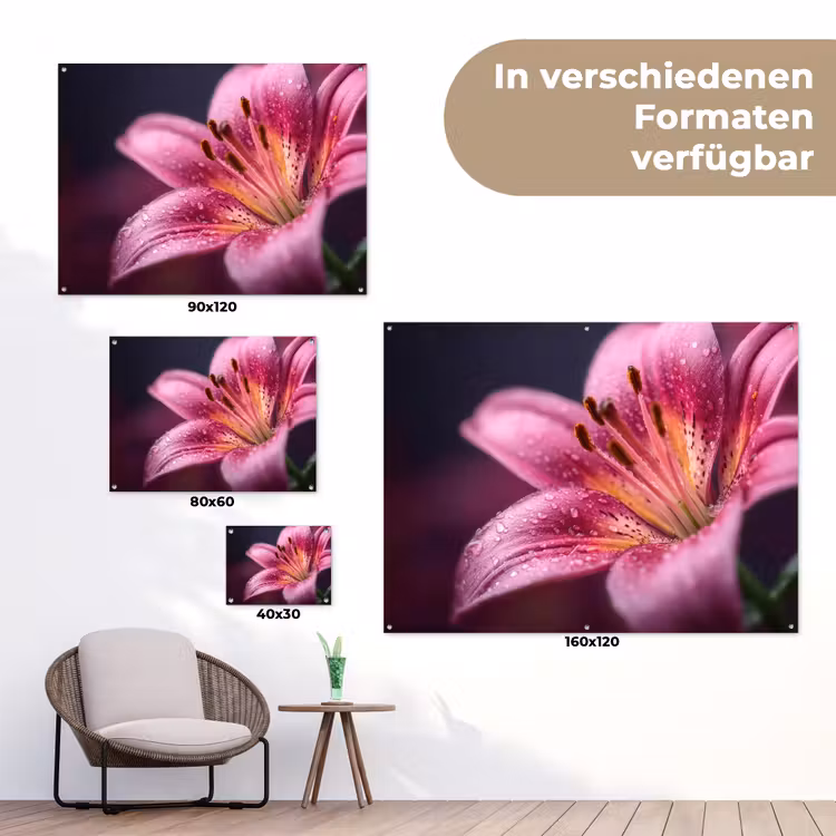 Roze - lelie - Dauwdruppels tuinposter los doek klein -Xsfeer9_DE