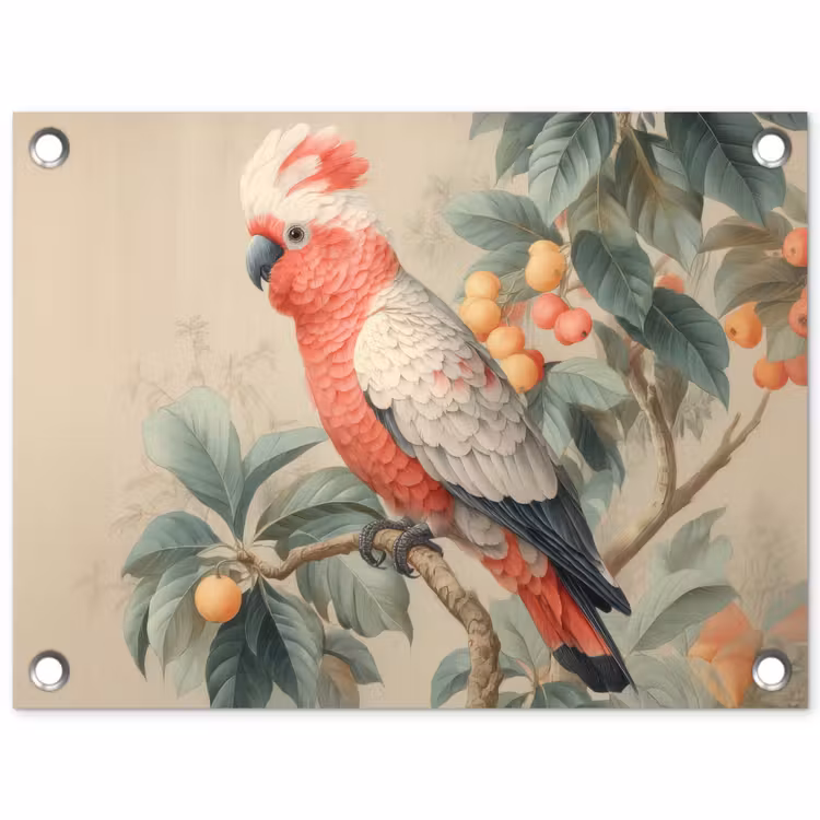 Roze kuifkaketoe - Tak met vruchten - Bladeren tuinposter los doek klein -3d