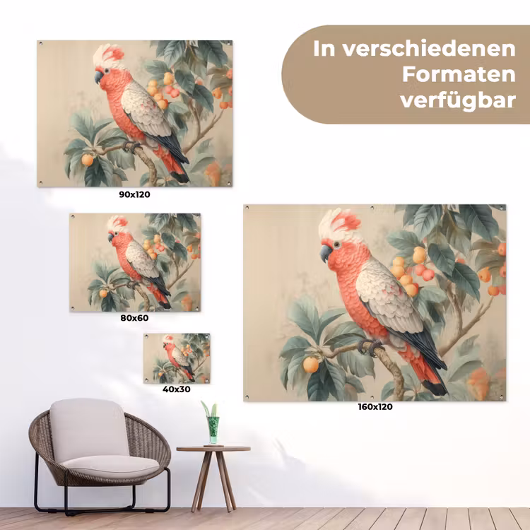 Roze kuifkaketoe - Tak met vruchten - Bladeren tuinposter los doek klein -Xsfeer9_DE
