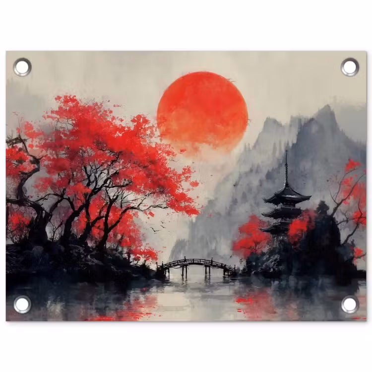 Rode zon - Rivier - brug - Bomen tuinposter los doek klein -3d