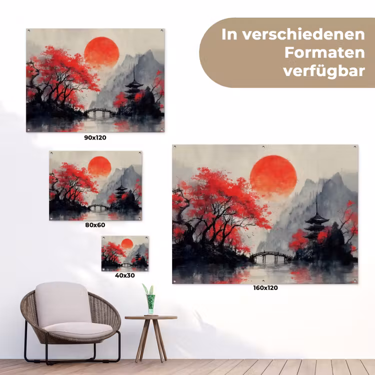 Rode zon - Rivier - brug - Bomen tuinposter los doek klein -Xsfeer9_DE