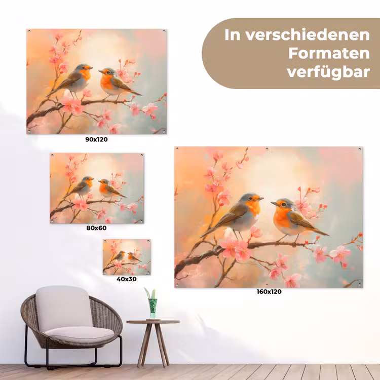 Roodborstjes - Sierlijk - Bloesemtak tuinposter los doek klein -Xsfeer9_DE