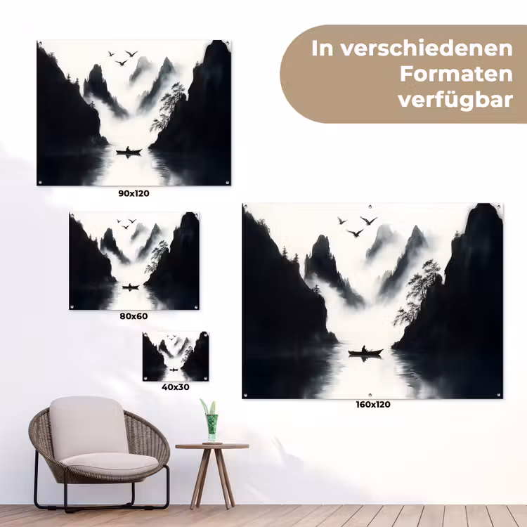 Roeiboot - Mistig - Bergen - Vogels tuinposter los doek klein -Xsfeer9_DE