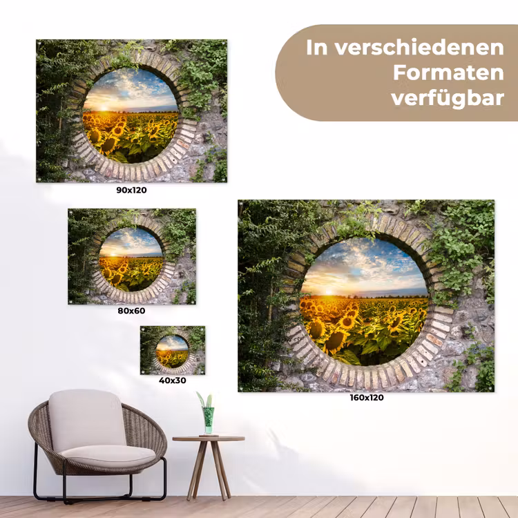 Ronde poort naar zonnebloemveld tuinposter los doek klein -Xsfeer9_DE