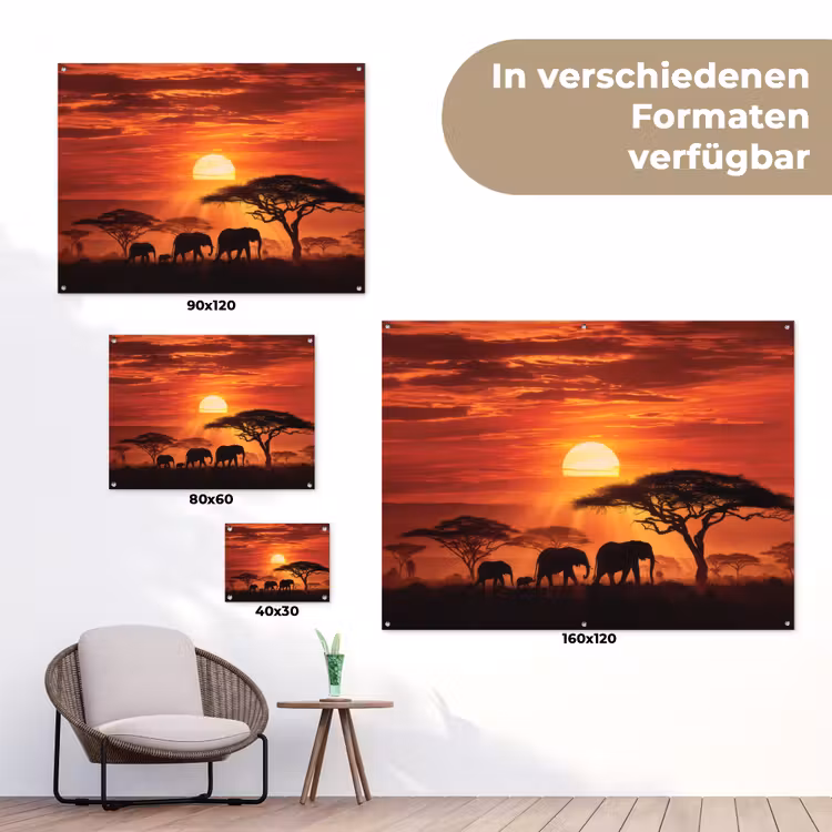 Savanne - Olifanten - Zonsondergang tuinposter los doek klein -Xsfeer9_DE