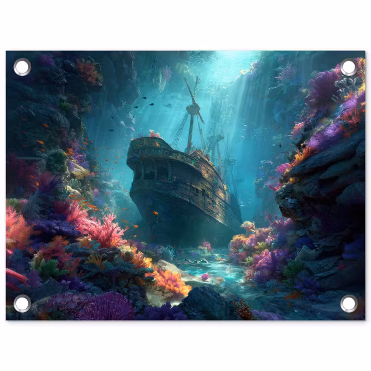 Schip - Hout - Koraalriffen - Zonlicht tuinposter los doek klein -3d