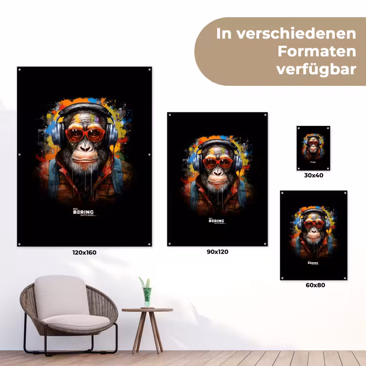 Chimpansee met koptelefoon en graffiti-spray tuinposter los doek klein -Xsfeer9_DE