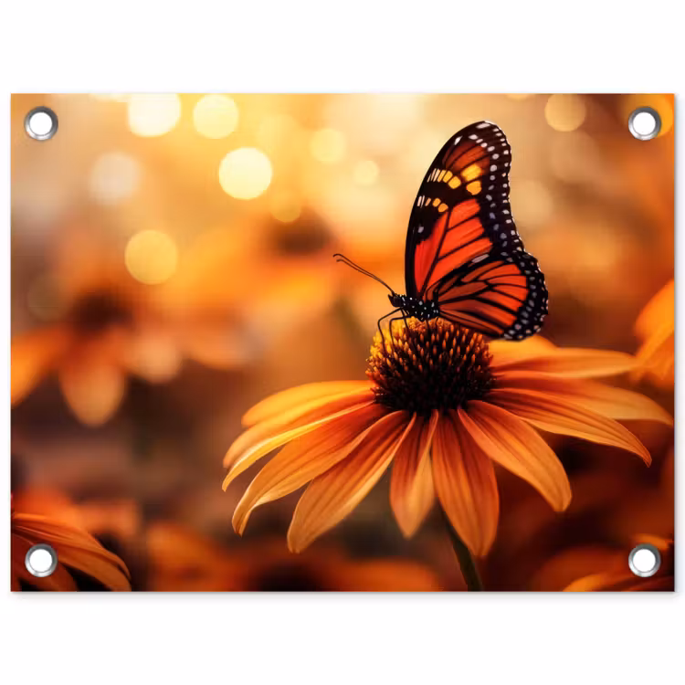 Vlinder - Bloemen - Oranje tuinposter los doek klein -3d
