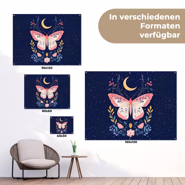 Vlinder - Maan - Bloemen - Sterrenhemel tuinposter los doek klein -Xsfeer9_DE