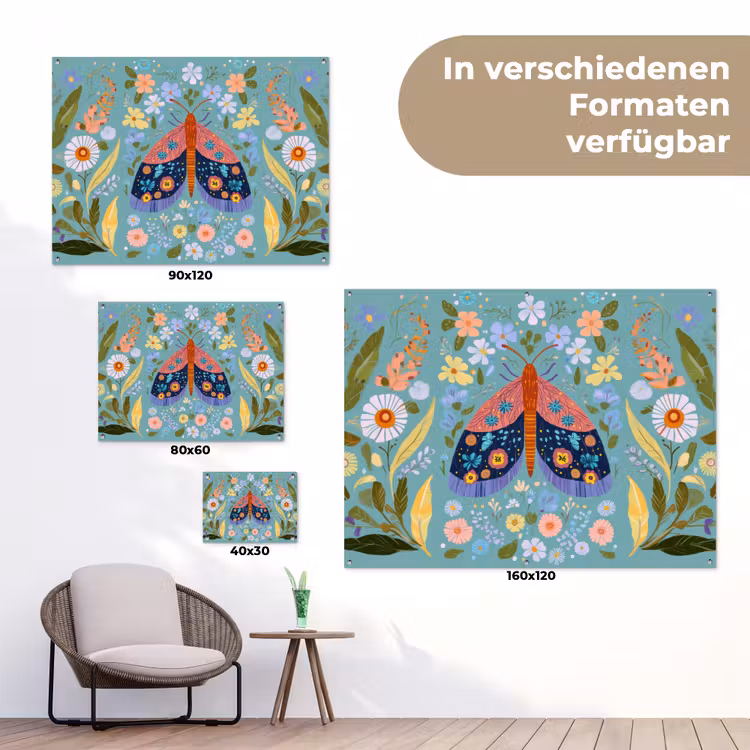 Vlinder - Sierlijk - Bloemen - Bladeren tuinposter los doek klein -Xsfeer9_DE