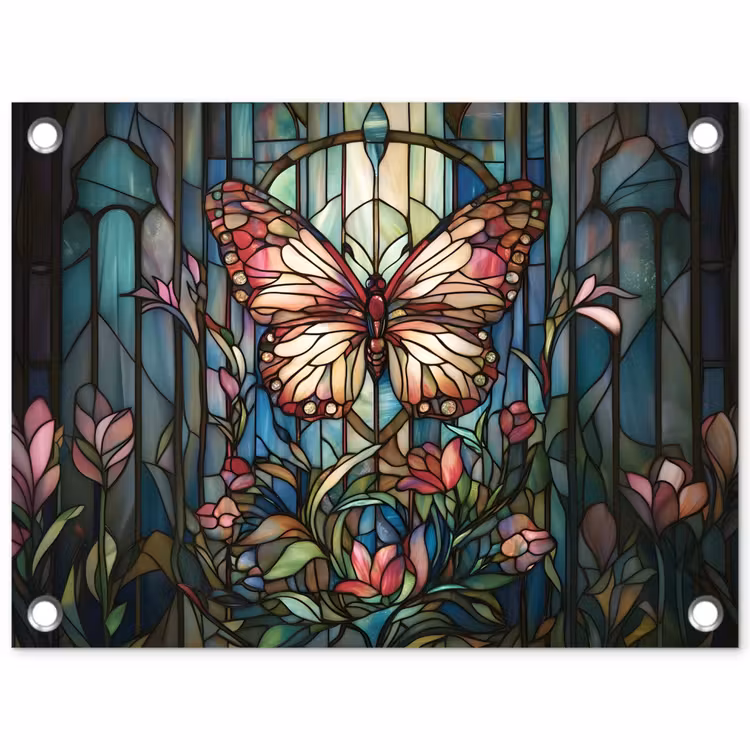 Vlinder - Roze - Bloemen - Bladeren tuinposter los doek klein -3d