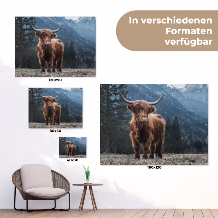 Schotse hooglander - Berg - Landschap - Bomen - Koe - Natuur tuinposter los doek klein -Xsfeer9_DE