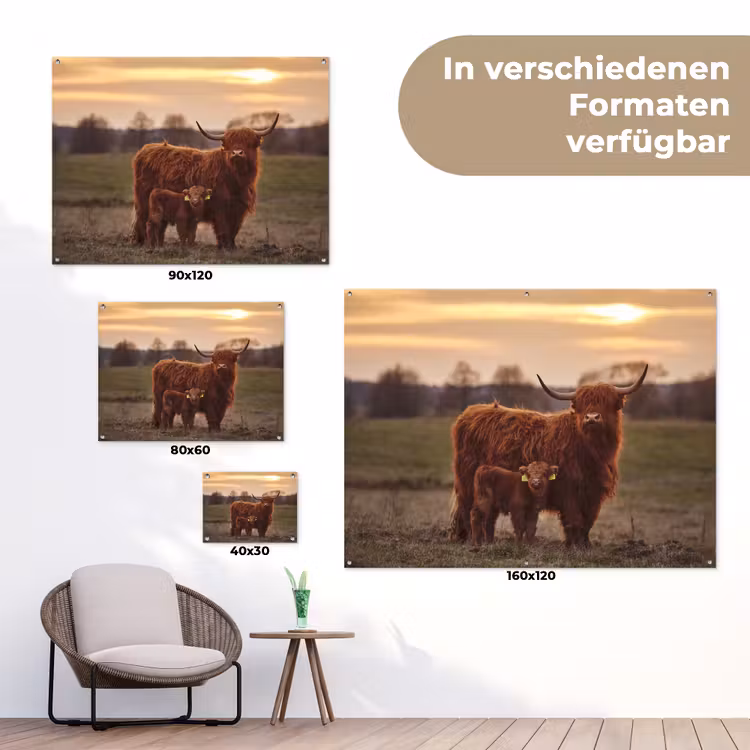 Schotse hooglander - Dieren - Landschap - Zonsondergang - Koe tuinposter los doek klein -Xsfeer9_DE