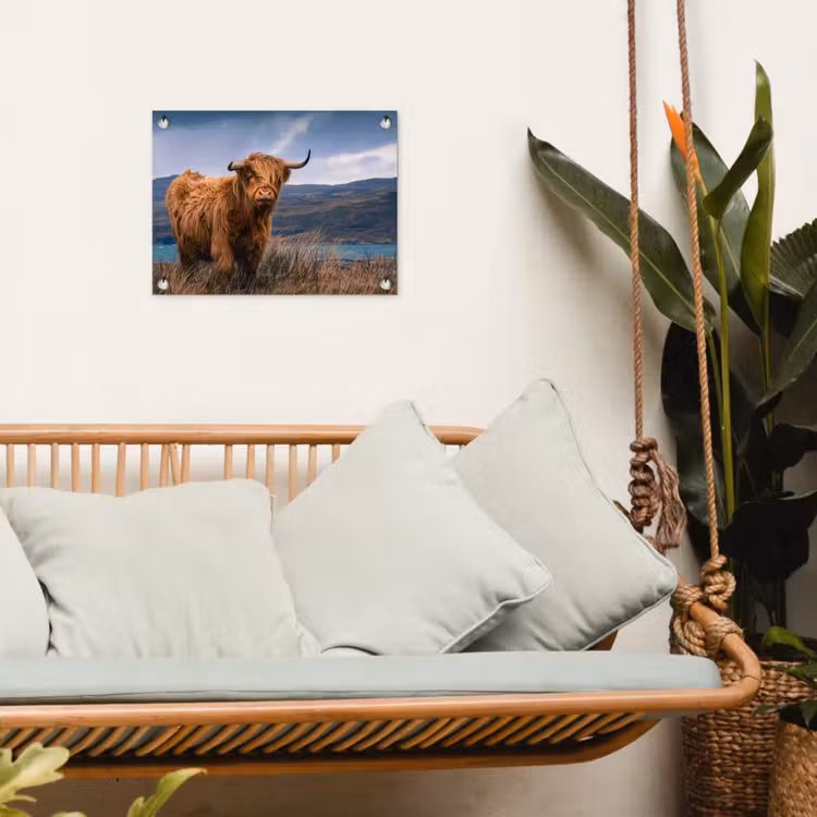 Schotse Hooglander - Berg - Water - Natuur - Koe tuinposter los doek klein -sfeer7