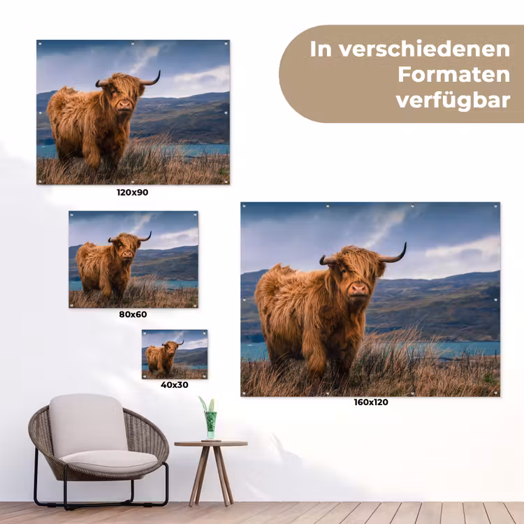 Schotse Hooglander - Berg - Water - Natuur - Koe tuinposter los doek klein -Xsfeer9_DE