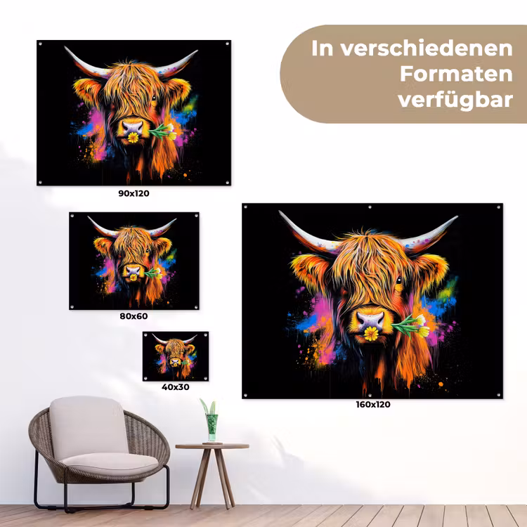 Schotse Hooglander - Graffiti - Kleurrijk - Bloem - Dieren tuinposter los doek klein -Xsfeer9_DE