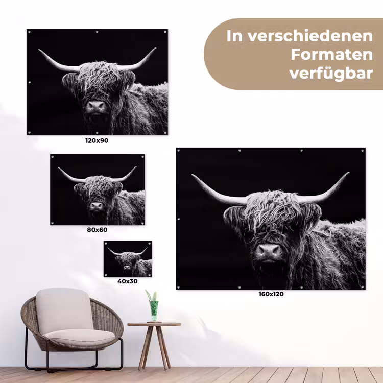 Schotse Hooglander - Koe - Zwart - Wit - Dieren tuinposter los doek klein -Xsfeer9_DE